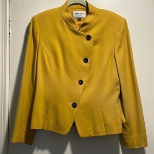 Albert Nipon Mustard Black Trim Asymmetrical Button Front Slit Lined Jackets
